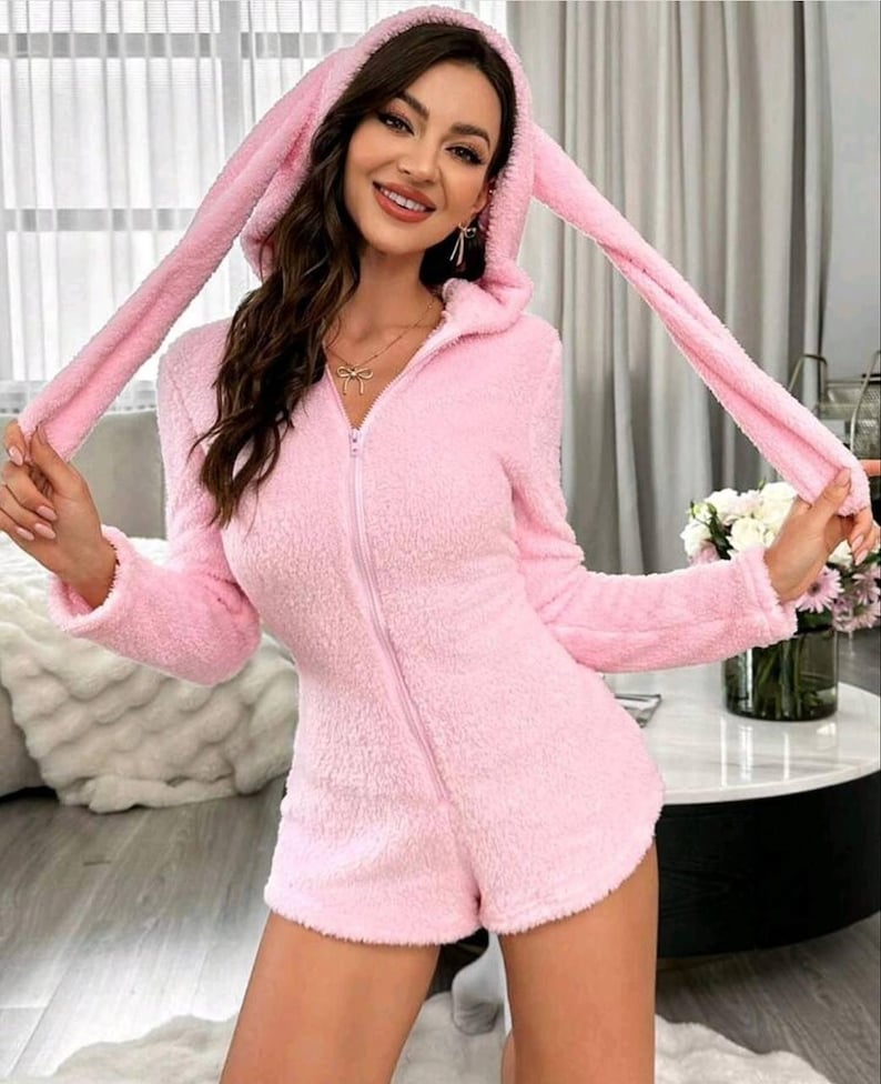 Teddy Fur Bunny Onesie – Women's Hooded Jumpsuit Pajama image 1