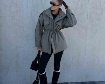 Women’s Oversized Puffer Jacket with Belt, Matte Quilted Winter Coat, Warm Minimalist Outerwear, Cozy Everyday Cold Weather Jacket