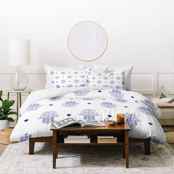 Hand Of Fatima Hamsa White Blue Queen King Duvet Cover New Etsy