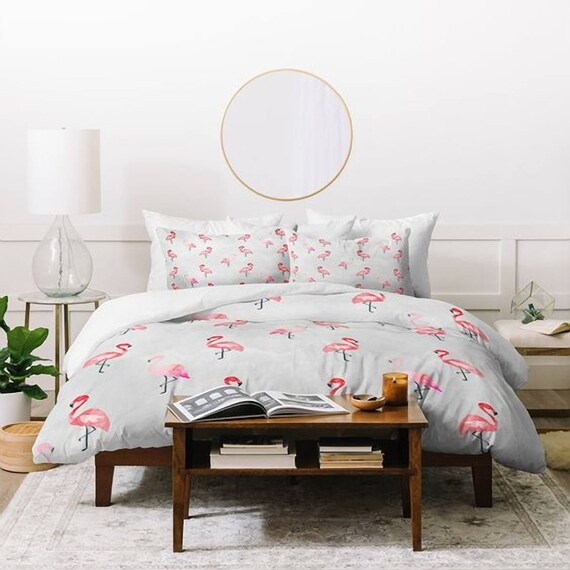 Pink Flamingo Grey Watercolor Duvet Cover Housewarming Gift Etsy