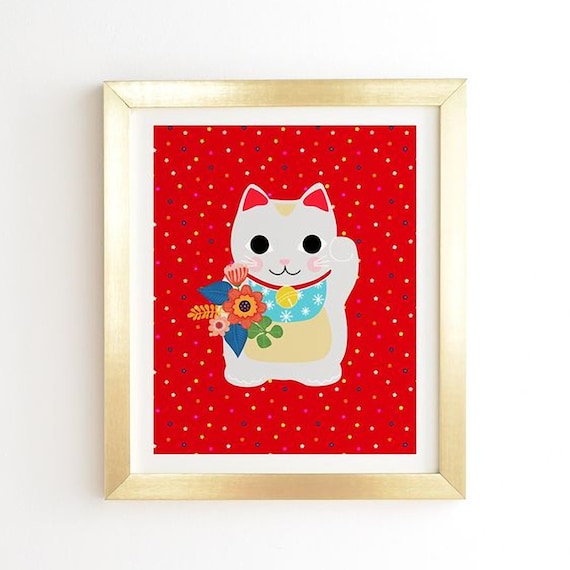 Lucky Cat Ready To Hang Framed Wall Art Cute Girls Bedroom Japan Decor Japanese Theme Kids Birthday Party Decor Floral Cat Print Wall Art
