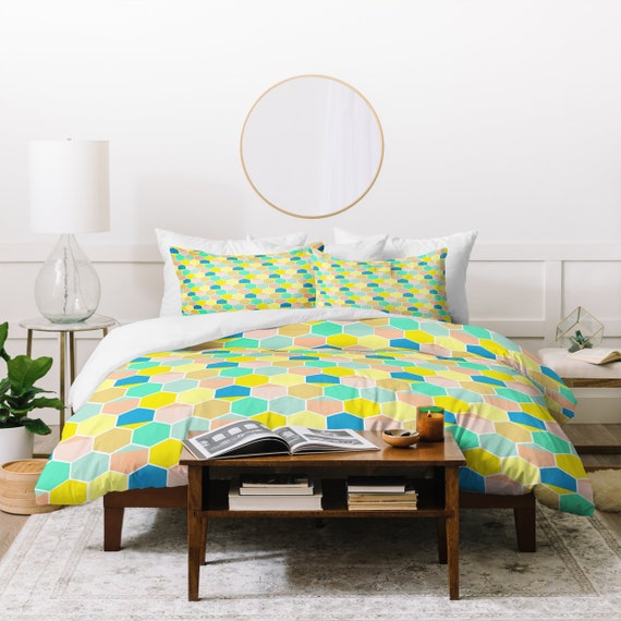 Pastel Color Bee Hive Twin Queen King Duvet Cover Guest Bedroom Housewarming Gift Unique Home Decor Dorm Decor Bedding Set Wedding Gift