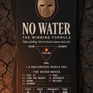 May include: A rectangular black card with a bronze mask icon at the top, featuring the text NO WATER THE WINNING FORMULA, a triangle diagram labelled SOUND, SCENERY, FEELING, SOUL, and a list of THE SEVEN MOVES with numerical data and a barcode.