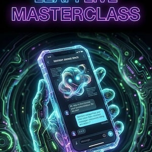 May include: An artistic digital image with the text "AI EXPONENTIAL LEAP: LIVE MASTERCLASS" in blue and purple neon. A glowing hand holds a smartphone displaying a chat interface with the text "SENTIENT SAVAGE SPACE". The background features a circuit board design.