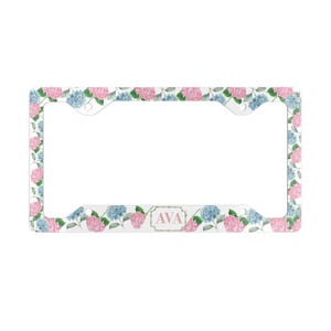 Marco de matrícula metálico con monograma de hortensias rosas y azules / Decoración personalizada para coche