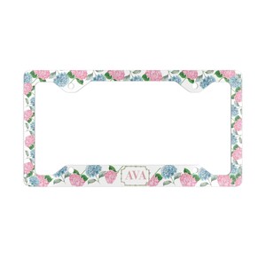 Pink and Blue Hydrangea Monogram Metal License Plate Frame | Personalized Car Decor