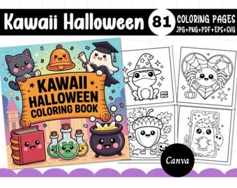 Puede incluir: Un libro para colorear de Kawaii Halloween con 81 páginas, con ilustraciones de un gato, un fantasma, una campana y un caldero. Incluye formatos JPG, PNG, PDF, EPS y SVG. La portada muestra el título "Kawaii Halloween Coloring Book".