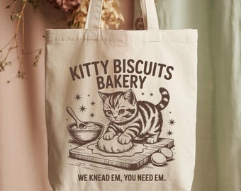 Funny Cat Tote Bags: Kitty Biscuits Bakery Totes, Vintage Style, Retro Bag