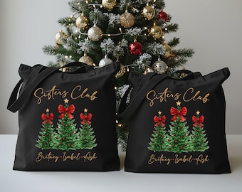 Custom Sisters Club Christmas Tree Tote Bag: Watercolor Trees Holiday Cotton Canvas Bag