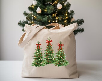 Christmas Tree Tote Bag: Watercolor Trees Holiday Cotton Canvas Bag