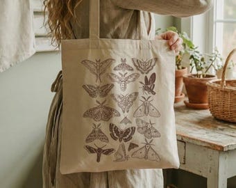 Vintage Cottagecore Moth Tote Bag: Handrawing Style, Handmade Cotton Canvas Bags