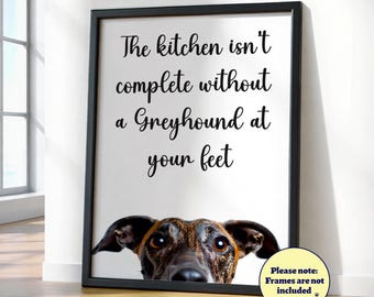 Greyhound keukenposter: grappig hondenliefhebber muurkunst cadeau, huisdierportret, gestroomde windhond