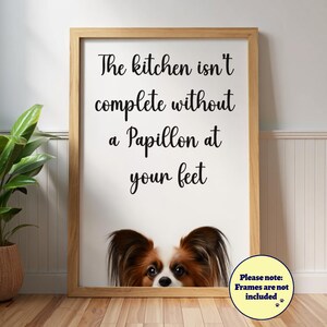 Puede incluir: Un cartel enmarcado con el texto "The kitchen isn't complete without a Papillon at your feet." La parte inferior del cartel presenta un perro Papillon. Una pequeña nota en la parte inferior dice "Los marcos no están incluidos."