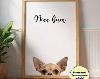 Funny Chihuahua "Nice Bum" Poster: Humorous Dog Wall Art, Pet Portrait, Cream Chihuahua