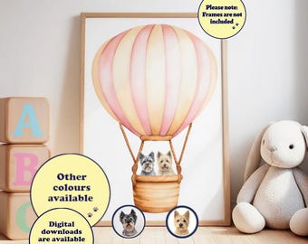 May include: A framed wall art print featuring a large, soft-toned pink and cream striped hot air balloon with a wicker basket containing two small dogs. The text reads: Please note: Frames are not included, Other colours available, Digital downloads are available on request.