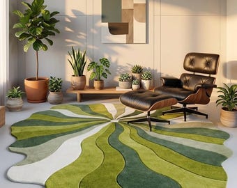 Alfombra de forma irregular con remolinos verdes - Alfombra de lana tejida a mano con diseño de rayos de sol - Alfombra moderna de mediados de siglo con borde festoneado - Decoración en verde oliva y verde salvia