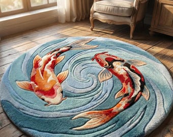 Alfombra redonda con diseño de estanque Koi para sala de estar, tamaño personalizado, regalo de inauguración de la casa hecho a mano, decoración moderna para el hogar.