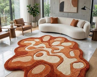 Alfombra irregular, moderna y abstracta de lana, hecha a mano, con mechones, decoración moderna en tonos naranja, crema y verde, para sala de estar de mediados de siglo.