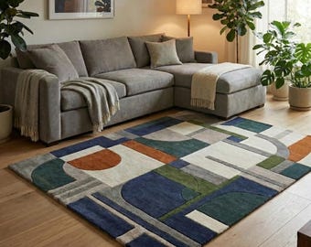 Alfombra geométrica de lana con mechones / Alfombra moderna de mediados de siglo en terracota y ondulada / Alfombra moderna de 23 x 30 cm para sala de estar y decoración bohemia para el hogar y la oficina