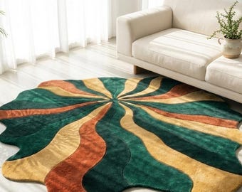 Alfombra abstracta ondulada tejida a mano, de lana con formas irregulares y estética moderna para hogares modernos.