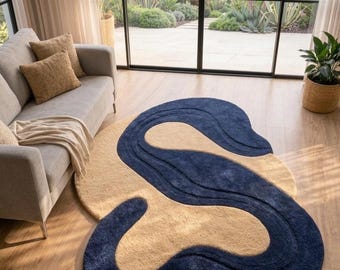 Alfombra abstracta de formas irregulares, ondulada, azul y beige, hecha a mano, moderna alfombra escultural 3D para sala de estar, decoración de dormitorio de lujo.