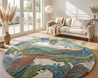 Alfombra botánica verde musgo con mechones hechos a mano - Decoración moderna con estética Y2K, alfombra redonda con formas orgánicas para sala de estar - Alfombra verde a medida