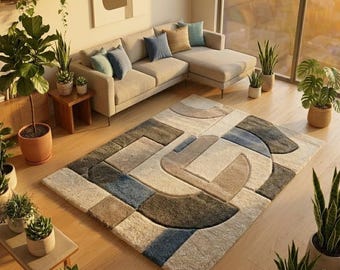 Alfombra de lana hecha a mano - Decoración moderna de estilo bohemio para sala de estar / Tamaño personalizado, alfombra con mechones hechos a mano / Decoración minimalista moderna de mediados de siglo