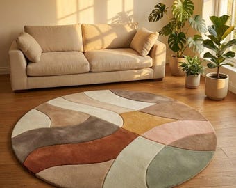 Alfombra redonda tejida a mano / Remolino abstracto, tonos tierra, alfombra para sala de estar y dormitorio