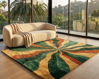 Alfombra Sunburst tejida a mano / Alfombra abstracta moderna de mediados de siglo para sala de estar y dormitorio / Alfombra grande de lana ecológica / Arte retro de los años 70