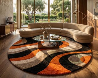 Alfombra abstracta de lana tejida a mano con movimiento fluido - Alfombra ondulada de estilo retro de mediados de siglo - Alfombra llamativa en azul marino, verde y naranja - Alfombra grande personalizada