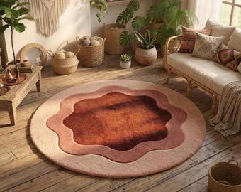 Round Flower Rug, Brown Beige Area Rug, Scalloped Circle Carpet, Boho Modern Tufted Rug, Mid Century Living Room Decor, Neutral Floor Rug