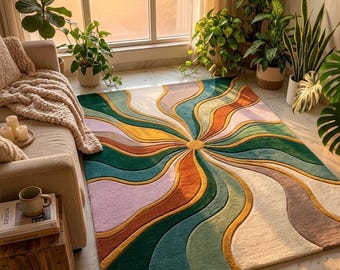 Alfombra moderna de mediados de siglo, hecha a mano, con ondas abstractas y coloridas, estilo vintage, de felpa, para sala de estar.