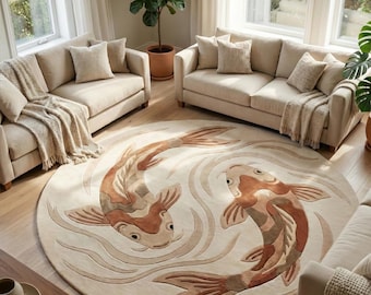 Alfombra de peces koi tejida a mano: Alfombra redonda de lana estilo zen japonés