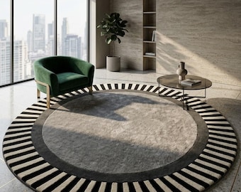 Alfombra redonda moderna a rayas - Alfombra circular de lana tejida a mano - Alfombra con diseño de rayos de sol en blanco y negro - Decoración geométrica monocromática - Tamaños personalizados
