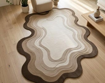 Alfombra neutra de forma irregular, topográfica ondulada, beige y marrón, moderna, abstracta, de lana, decoración de lujo escandinava para sala de estar, tamaño personalizado.