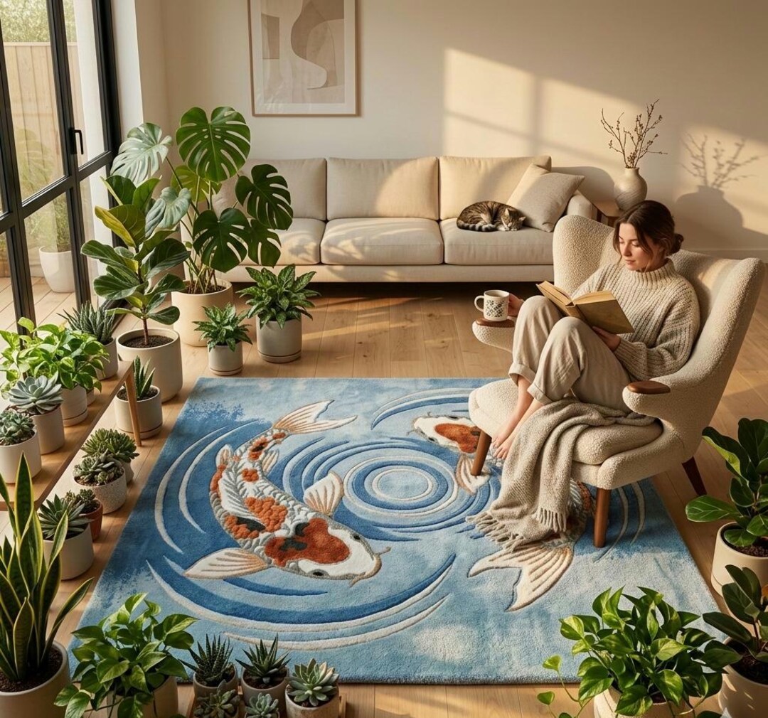 Japanese Koi Fish Rug - Hand Tufted Wool Zen Area Rug - Yin Yang Fish ...