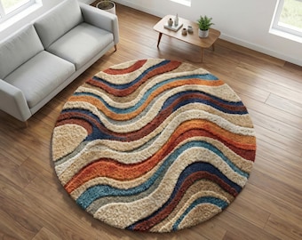 Alfombra redonda con textura 3D - Alfombra ondulada de lana tejida a mano - Alfombra circular retro de los años 70 - Alfombra bohemia en terracota y azul marino - Alfombra de felpa de tamaño personalizado