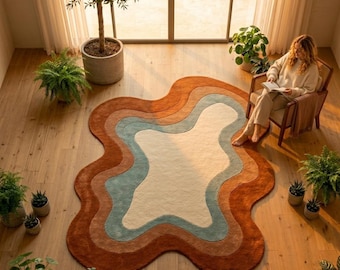 Alfombra abstracta ondulada en tonos tierra, alfombra moderna de mediados de siglo, alfombra de lana tejida a mano, decoración retro terracota, tapete topográfico personalizado
