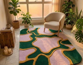 Alfombra ondulada verde bosque lila pastel, tejida a mano en lana, alfombra abstracta danesa, decoración pastel, estilo retro de los años 70, alfombra con diseño ondulado, alfombra de tamaño personalizado.
