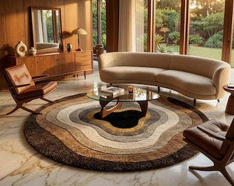 Alfombra redonda moderna de mediados de siglo, alfombra circular abstracta marrón beige, alfombra con mechones de forma orgánica, alfombra retro para sala de estar, decoración de piso neutra