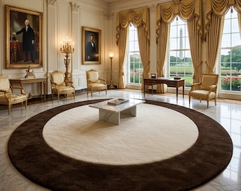 Alfombra redonda, alfombra moderna de mediados de siglo, alfombra circular color crema y marrón, alfombra minimalista de lujo para sala de estar, decoración de piso neutra tejida a mano.