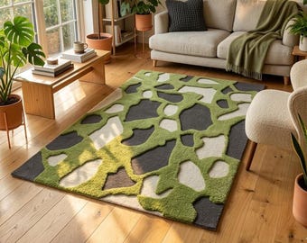 Alfombra de musgo 3D, alfombra de área de bosque verde tejida a mano, patrón de piedra de hierba sintética de lana, decoración inspirada en la naturaleza para sala de estar y dormitorio.