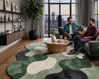 Alfombra verde abstracta - Alfombra asimétrica de forma orgánica - Alfombra de diseño - Alfombra moderna ondulada verde de lujo para la decoración de la sala de estar