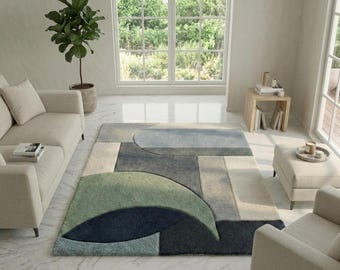 Alfombra abstracta moderna, hecha a mano para sala de estar y dormitorio, decoración moderna de mediados de siglo en verde salvia, alfombra personalizada, regalo de inauguración.