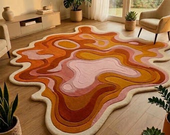 Alfombra de lana tejida a mano con forma irregular ondulada abstracta - Alfombra moderna estilo boho con tonos naranja, rosa y melocotón, estilo retro atardecer. Decoración personalizada para sala de estar.