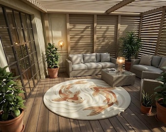 Alfombra japonesa con peces koi - Alfombra minimalista oriental para sala de estar - Alfombra de jardín acuático Feng Shui - Decoración estética wabi sabi para el hogar