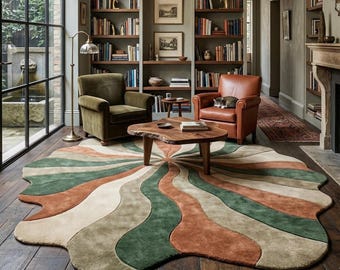 Alfombra de forma orgánica estilo retro con remolinos, estilo moderno de mediados de siglo, alfombra ondulada, alfombra abstracta en tonos tierra, alfombra estética para sala de estar, diseñador de alfombras de forma libre.