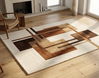 Alfombra de estilo moderno de mediados de siglo con forma orgánica — Alfombra geométrica abstracta en tonos beige y marrón para sala de estar, decoración de piso de lana estilo boho escandinavo
