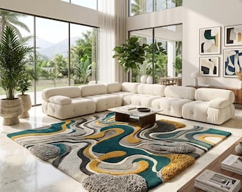Alfombra abstracta texturizada en 3D en tonos verde azulado y amarillo - Alfombra grande de lana tejida a mano - Alfombra moderna de pelo largo ondulado - Alfombra de lujo que marca la diferencia - Tamaños personalizados
