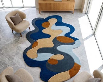 Alfombra abstracta de forma irregular, tejida a mano en lana, con bloques de color azul y naranja, estilo moderno de mediados de siglo, Art Déco, alfombra personalizada llamativa, maximalista.